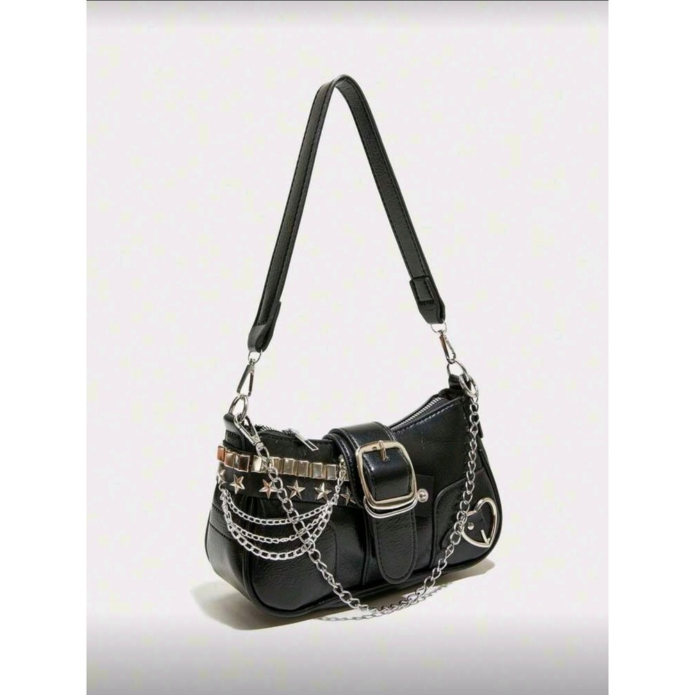 Black Shoulder Bag Star Chain daux leather‎ Buckle Heart Charm Y2K Style